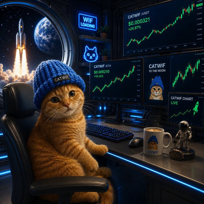 A digital illustration of an orange cat wearing a blue 'CATWIF' beanie sitting at a futuristic trading desk with multiple monitors showing 'CATWIF /USDT' at $0.000321 (+24.97%) and a 'CATWIF TO THE MOON' message.