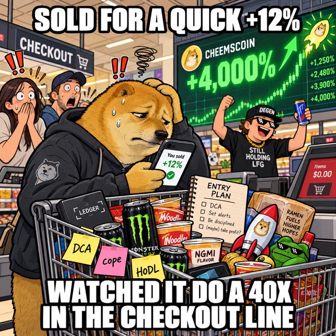 A meme depicting a sad doge character in a grocery store checkout line looking at a phone showing '+12%' while a green screen displays 'CHEEMSCOIN +4,000%', captioned 'SOLD FOR A QUICK WATCHED IT DO A 40X IN THE CHECKOUT LINE' with an entry plan checklist.