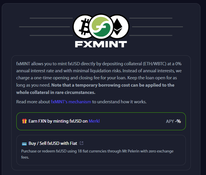 The image displays an fxMINT interface from f(x) Protocol, advertising 0% annual interest on minting fxUSD by depositing ETH or WBTC collateral, with a one-time opening/closing fee structure and options to earn FXN tokens or buy/sell fxUSD with 18 fiat currencies via Mt Pelerin.

This directly supports the post's claim about $fxSAVE's practical utility by highlighting fxMINT's zero on/offramp features and minimal liquidation risks, which align with the author's emphasis on practical crypto flexibility without volatility-driven selling pressure.