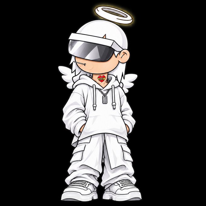 A cartoon illustration of a chibi-style angel character with white hair, wearing a white hoodie, cargo pants, and chunky sneakers, sporting reflective visor sunglasses and a golden halo.