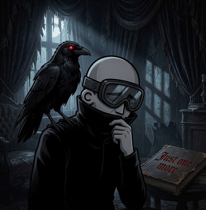 A dark, moody digital illustration depicts a figure in tactical gear and goggles with a black raven (red-eyed) perched on their shoulder, next to a book titled 'Just one more' in a shadowy room.
