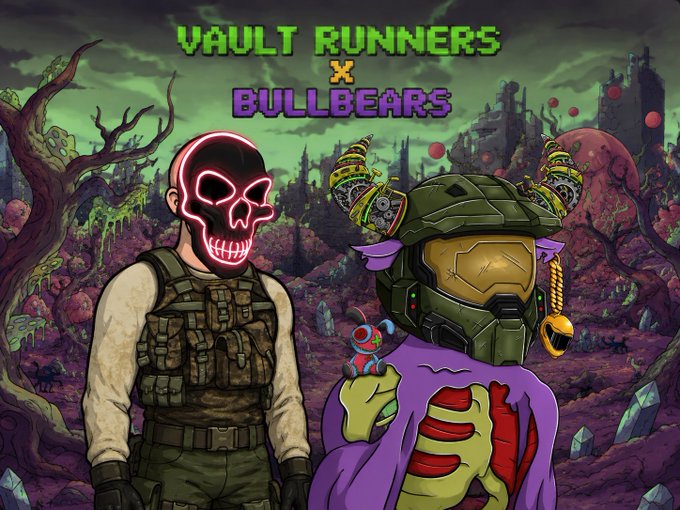 A stylized "Vault Runners x Bullbears" collaboration graphic features a skull-masked soldier beside a bear-like creature wearing an ornate green Vault Runners helmet adorned with a bell, set against a post-apocalyptic wasteland backdrop with purple hues. The pixelated logo at the top reads "VAULT RUNNERS x BULLBEARS," directly tying into the post's excitement about the crossover NFT collaboration on the Solana blockchain.