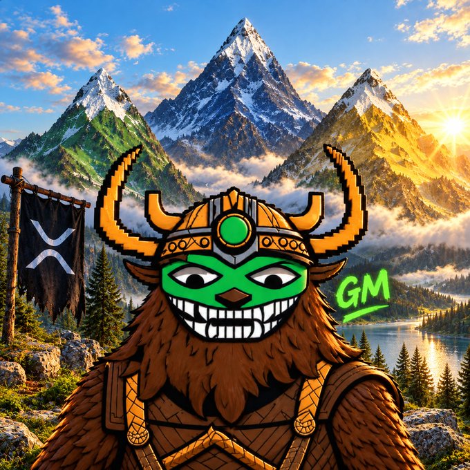 A digital illustration of a green-faced viking character wearing a horned helmet and brown fur armor, set against a mountain landscape with a banner and 'GM' text.