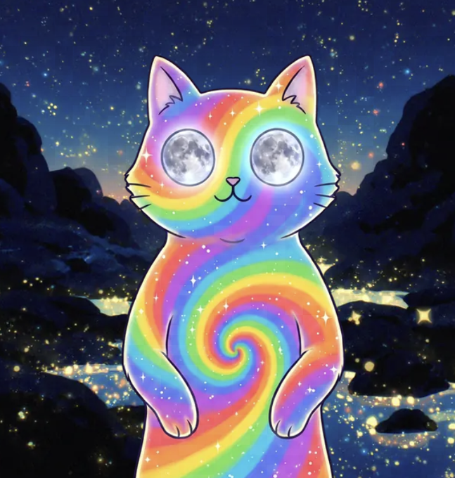 A digital illustration of a cute cat with a rainbow swirl-patterned body and moon-like eyes, set against a starry night sky background with silhouetted mountains and glowing particles.