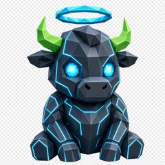 A stylized, low-poly digital illustration depicts a black robotic bull with glowing cyan eyes and accents, green horns, and a floating halo. The neon-lit, cybernetic creature visually represents the "coloring and costume design" stage of a three-step NFT/art creation timelapse.