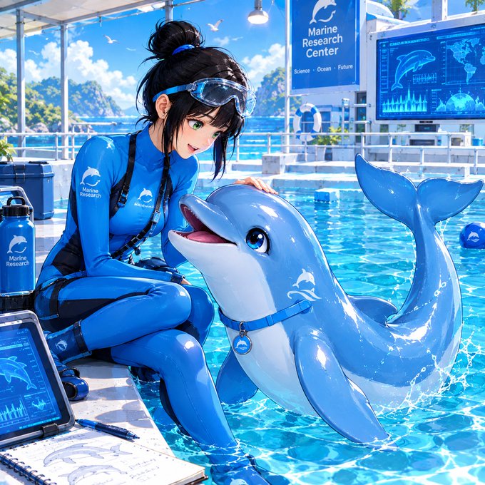 A marine researcher with goggles perched on her head kneels by a pool, smiling as she gently touches the snout of a cheerful blue dolphin at a Marine Research Center facility. Visible text includes "Marine Research Center - Science Ocean Future" on signage and dolphin graphics on digital monitors, fitting the welcoming theme of the post.
