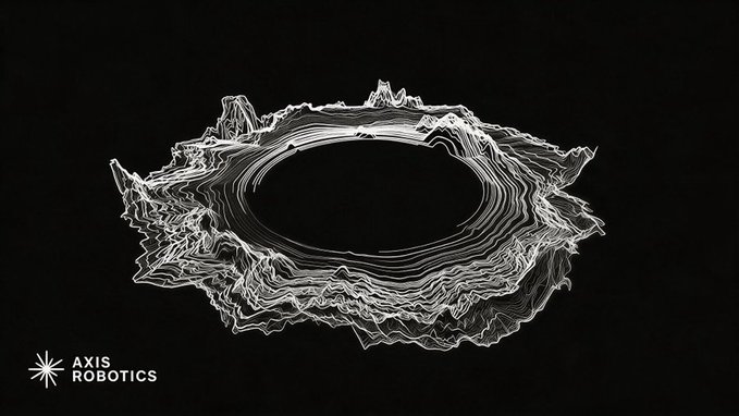 A black-and-white abstract digital artwork features concentric circular patterns resembling a wireframe ring or crater, branded with the "AXIS ROBOTICS" logo in the corner.
