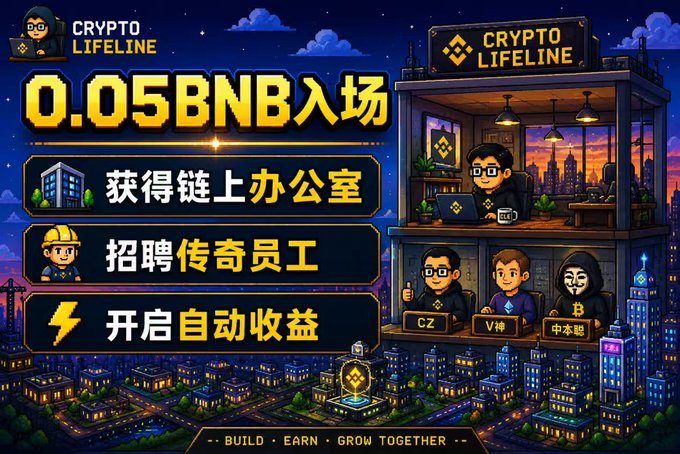 A pixel-style promotional graphic for "Crypto Lifeline" advertises a 0.05 BNB entry fee, offering players an on-chain office where they can hire legendary employees (labeled CZ, V神, and 中本聪) to generate automatic profits, aligning with the post's description of a blockchain mining game featuring famous crypto figures working in customizable offices.