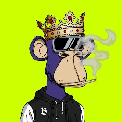 A cartoon illustration depicts a Bored Ape-style monkey wearing a crown, sunglasses, a black and white hoodie, and smoking a cigarette, with a dollar sign emblem on the chest.