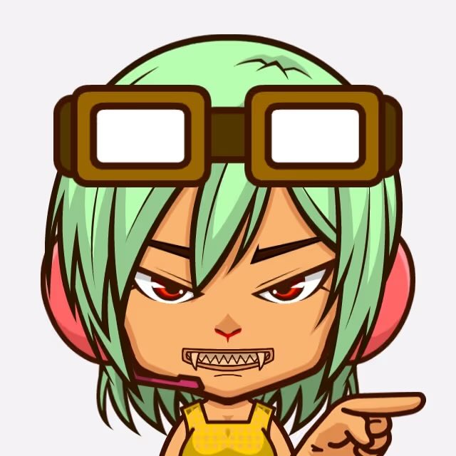 A cartoon avatar with green hair, red eyes, and square brown goggles on its head snarls with clenched teeth while pointing a finger, wearing a yellow top.