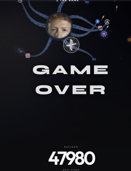 The image shows a "GAME OVER" screen with a personal photo replacing the character, surrounded by collectible social media icons (Instagram, TikTok, etc.) representing lives or score multipliers, with a final ratio score of 47980 displayed at the bottom—tying into the "That was fun!" caption as a playful end to a game session.