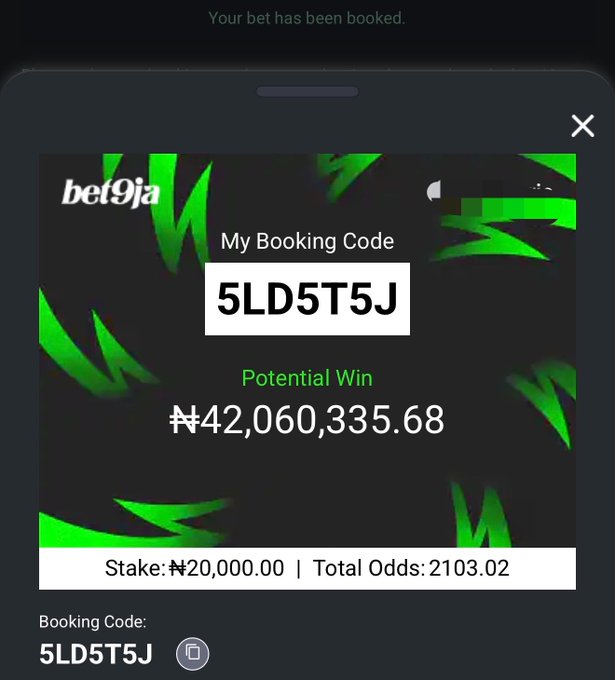 A Bet9ja booking confirmation shows a ₦20,000.00 stake on accumulator bets with booking code 5LD5T5J, total odds of 2103.02, and a potential win of ₦42,060,335.68. The image visually confirms one of the multibet bookings (5LD5T5J) referenced in the post listing multiple booking codes and drawsave options.