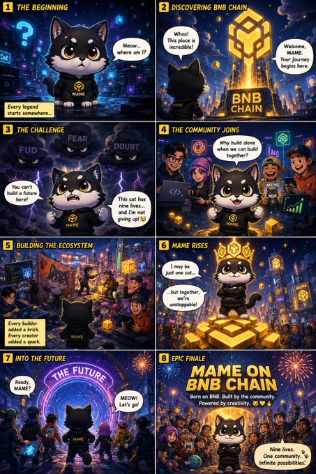An 8-panel comic strip telling the story of 'MAME ON BNB CHAIN,' depicting a cat character called MAME discovering BNB Chain, building a community, and rising to success.