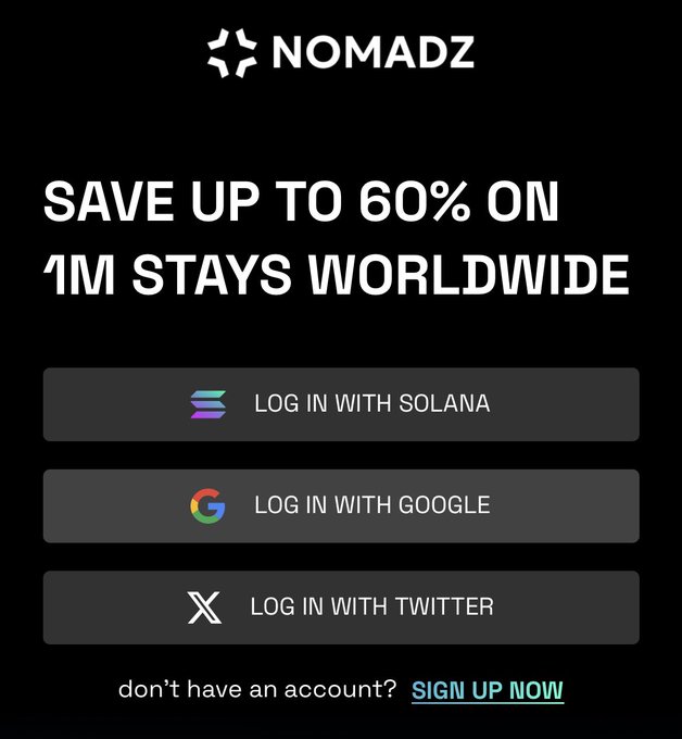 The image features a screen for Nomadz's website that shows three different social media login options for various platforms (Google, Facebook, Instagram). The image also displays the text "Save up to 60% off on 1m stays worldwide", which is likely related to a promotional offer or deal for using these three social media platforms. The post is titled "Don't have an account? Sign Up Now!".
