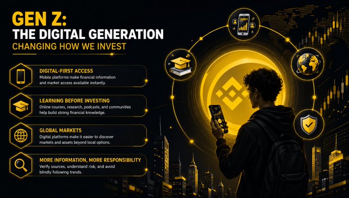 Infographic titled 'GEN Z: THE DIGITAL GENERATION - CHANGING HOW WE INVEST' highlighting four investment trends: Digital-First Access, Learning Before Investing, Global Markets, and More Information, More Responsibility, featuring a young investor with a smartphone and Binance logo.