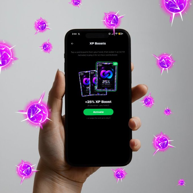 A hand holding a smartphone displaying an XP Boosts app interface with a +25% XP Boost card active, surrounded by floating purple XP orbs with lightning symbols.