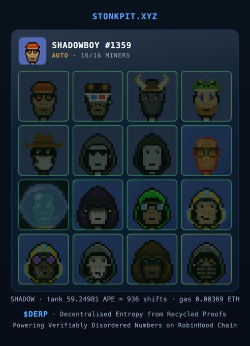 A StonkpIt XYZ page showing 'SHADOWBOY #1359' with 16 pixel art character variants and details for '$DERP Decentralised Entropy from Recycled Proofs'.