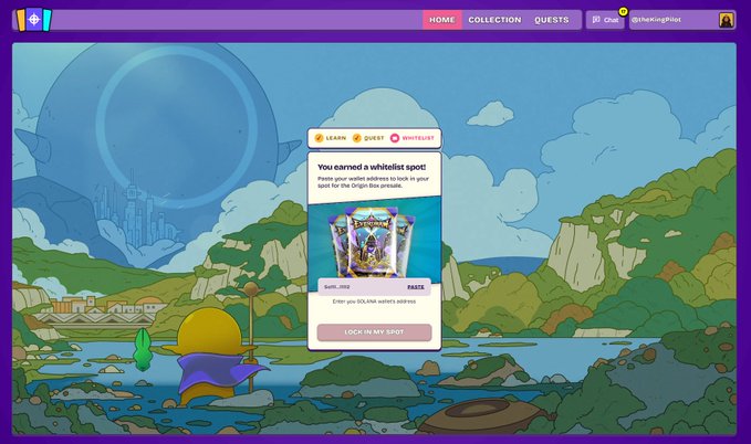 A screenshot of what appears to be a cryptocurrency/NFT platform called 'Origin' showing a whitelist spot notification that reads 'You earned a whitelist spot! Place your wallet nickname to lock in your spot for the Origin Box presale' with a 'LOCK IN MY SPOT' button.