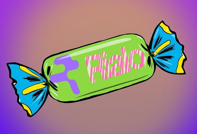 Colorful pop-art style illustration of a green wrapped candy with blue and yellow twisted ends, displaying the word 'FriGidO' in pink letters against a purple gradient background.