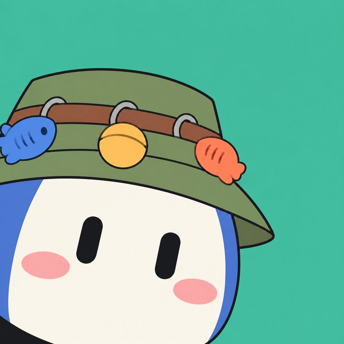 A cartoon character with a blue and white face wearing a green fishing hat decorated with colorful lures (a blue fish, yellow bobber, and orange fish).