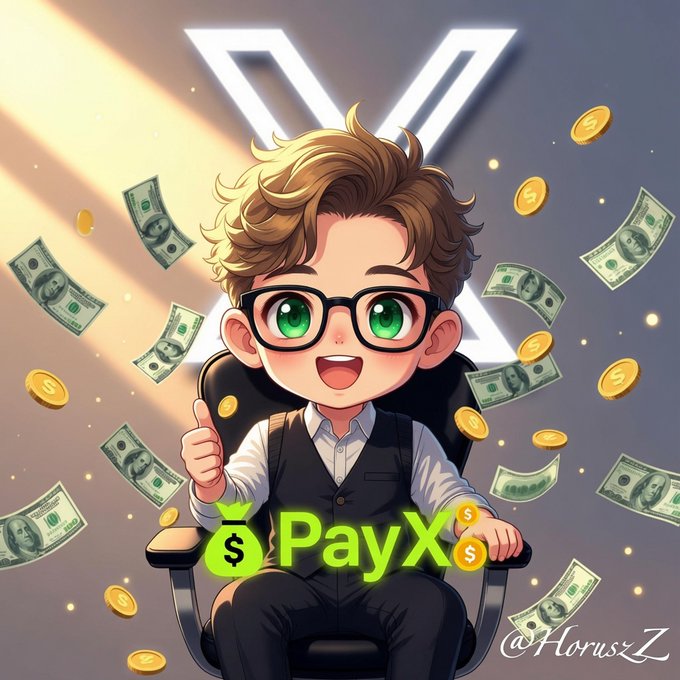 A cartoon chibi character with glasses giving a thumbs up, surrounded by floating money and coins, with 'PayX' branding and the X (formerly Twitter) logo in the background, signed '@HoruszZ'.