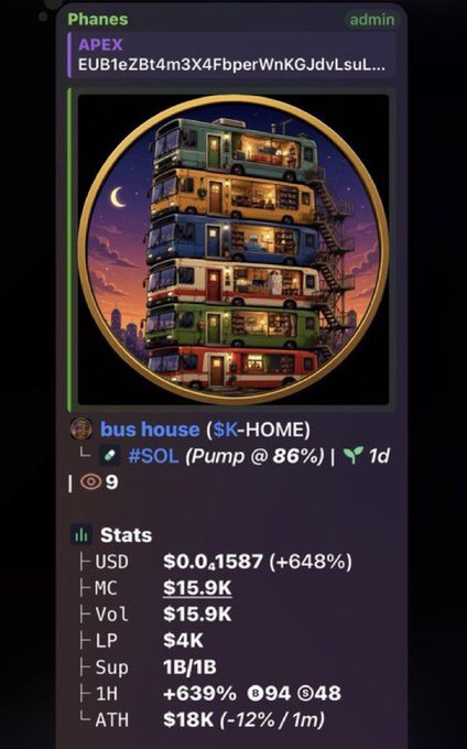 A Phanes admin post on the APEX blockchain displaying a Solana token named 'bus house ($K-HOME)' with an illustration of stacked RVs, showing stats like MC $15.9K and a 648% increase.