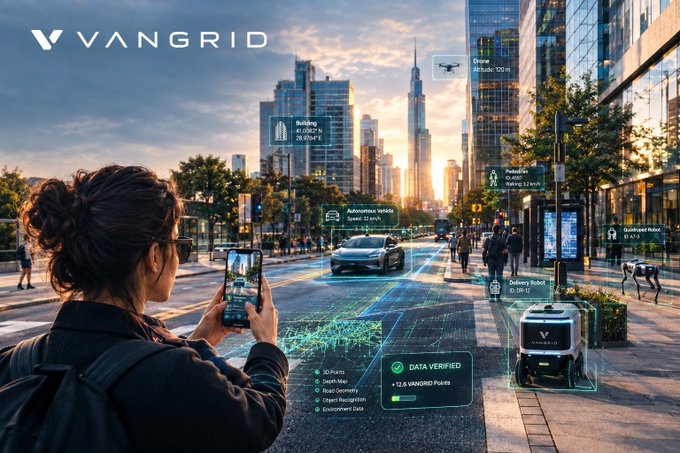 A futuristic city scene labeled "VANGRID" showing a person holding a phone with digital overlays detecting cars and robotic dogs on the street.