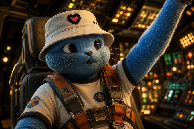A blue Cool Cat in a bucket hat and pilot gear reaches upward inside a glowing spaceship cockpit, evoking the post’s “next one to rescue our space” message. No readable text, numbers, or tickers appear beyond the heart emblem.