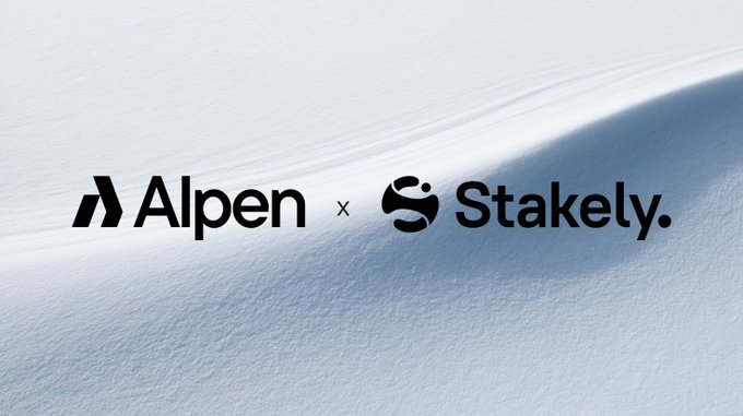 A promotional graphic featuring the logos 'Alpen' and 'Stakely' with an 'x' between them, set against a snowy mountain background.