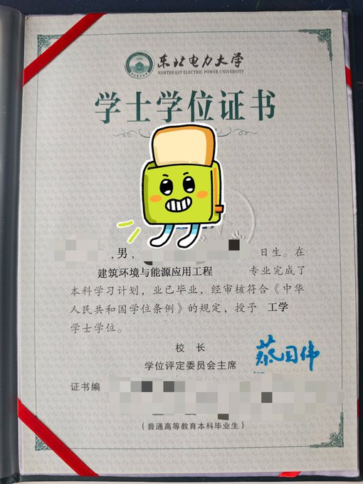 A bachelor's degree certificate from Northeast Electric Power University (东北电力大学) is shown, with the student's name and ID number blurred, indicating a major in Building Environment and Energy Application Engineering (建筑环境与能源应用工程), which aligns with the post's mention of the user studying this field before launching the Heat Protocol on Robinhood Chain.