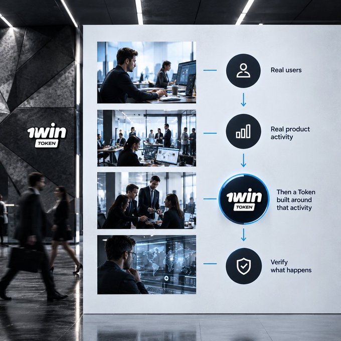 The image showcases the 1win Token concept on a modern office lobby display, featuring a flowchart that connects real users, real product activity, a token built around that activity, and finally verification of what happens. The "1win TOKEN" logo appears prominently both on the wall and at the center of the diagram, visually reinforcing the post's message about building a transparent token around genuine user activity that can be independently verified.