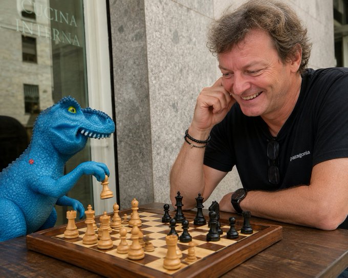 A man in a black Patagonia t-shirt smiles as he plays chess against a blue dinosaur toy that appears to be moving a piece, with "CUCINA INTERNA" visible in the background window. The image cleverly illustrates the post's message about patience, as the cheerful man waits for the slow, deliberative toy dinosaur—likely referencing the Fefer and Merlino stocks—to make its move.