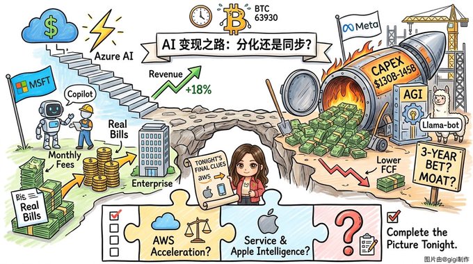 A Chinese-language infographic titled 'AI 变现之路：分化还是同步?' (The path to AI monetization: differentiation or synchronization?) featuring major tech companies including MSFT Copilot, Azure AI, Meta, and Llama-bot, discussing AI revenue (+18%), $130B+ capex, and a '3-YEAR BET MOAT?' question, with a puzzle labeled 'Complete the Picture Tonight!' at the bottom.