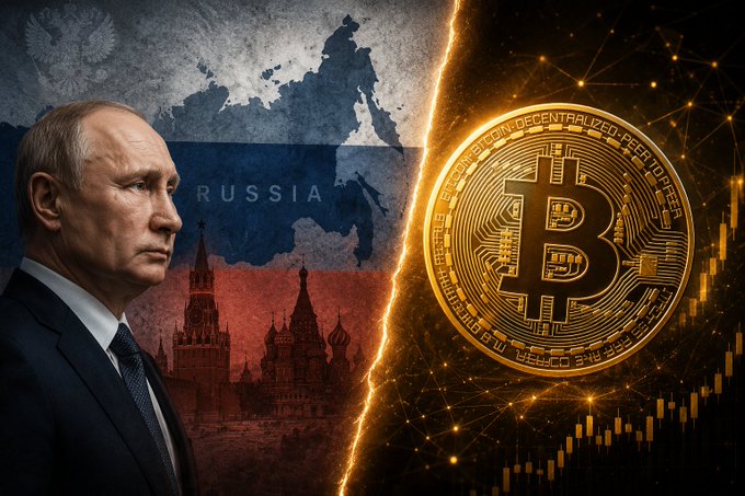 This image depicts Vladimir Putin and the Russian flag alongside a Bitcoin symbol and a stock chart, visually representing the concept of Russia leveraging cryptocurrency for international trade. The text on the Bitcoin coin is visible, identifying it as "BITCOIN. DECENTRALIZED. PEER TO PEER. CRYPTO."
