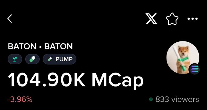 A Moby app screenshot displays the BATON token with a "PUMP" pair label, showing a market cap of 104.90K MCap and a -3.96% change, illustrating the platform's new feature that automatically surfaces the token's launch pairing—such as PUMP, NVDA, or BTC—directly on each Pump Fun coin's listing so traders can identify the trading pair before making a trade.