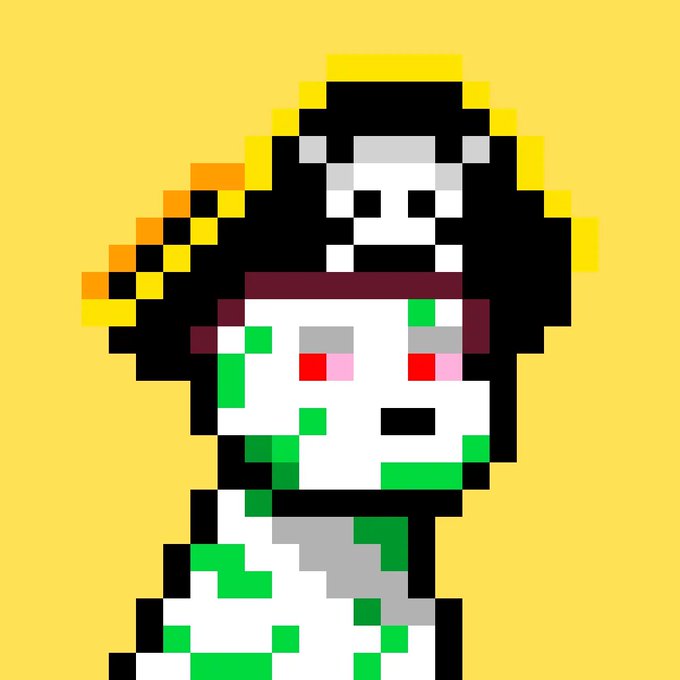 A pixel art illustration of a character with a skull-like face, dark hood, and green and white clothing on a yellow background.