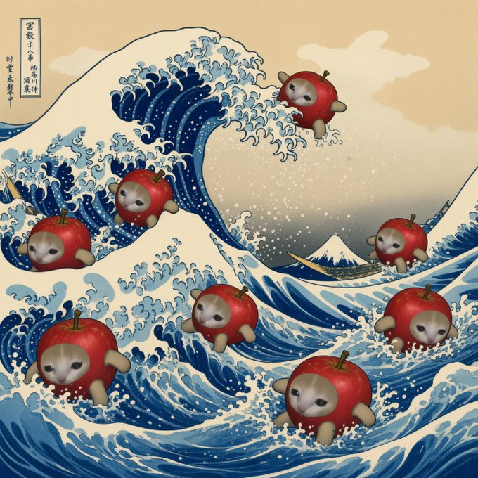 An artistic parody of Hokusai's 'The Great Wave off Kanagawa' featuring multiple cat-faced apples with small limbs riding the cresting blue waves.