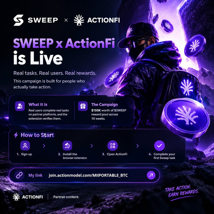 A promotional graphic for "SWEEP x ActionFi" with the tagline "Real tasks. Real users. Real rewards," offering a $150K reward pool over 10 weeks, showing a hooded figure surrounded by purple SWEEP tokens and instructions on how to start.