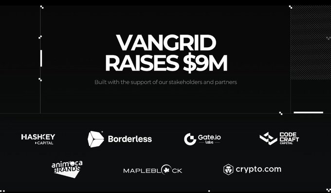 A black promotional graphic announcing "VANGRID RAISES $9M," built with the support of stakeholders and partners, featuring logos of investors including HashKey Capital, Borderless, Gate.io, Code Craft Capital, Animoca Brands, Mapleblock, and Crypto.com.
