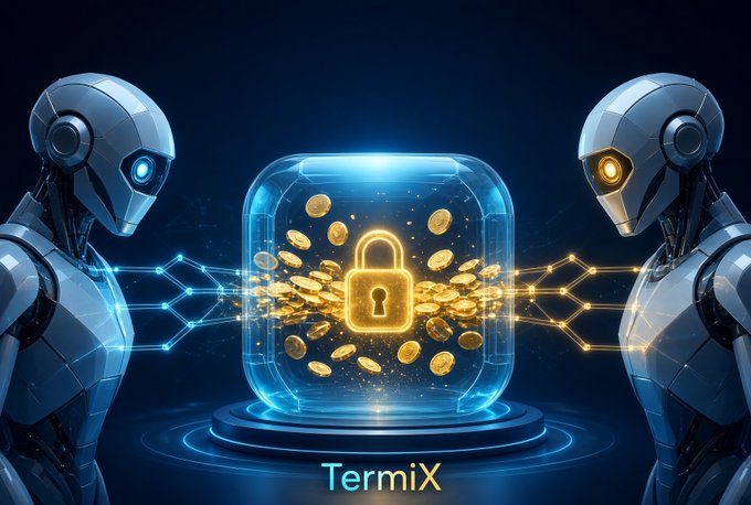 A digital illustration showing two futuristic robots facing each other with glowing blue and orange connections meeting at a central glowing lock icon surrounded by gold coins, with the text 'TermiX' below.