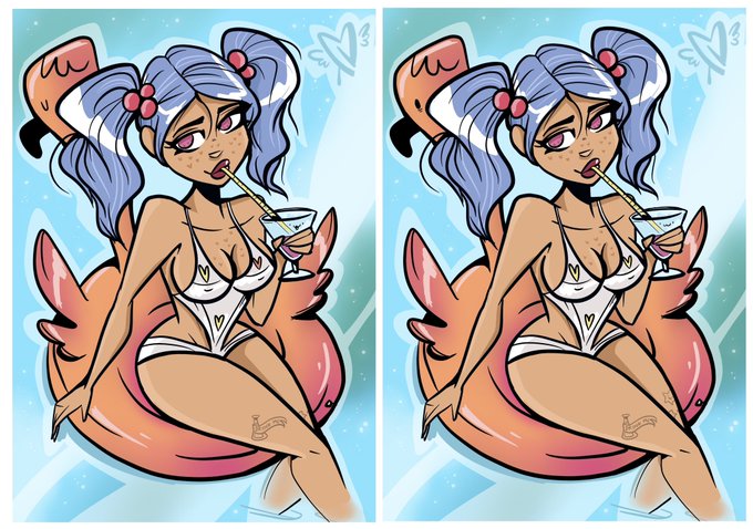 A side-by-side illustration of an anime-style character with purple pigtails sitting on a crab-shaped pool float in a white bikini, sipping from a martini glass against a blue water background.