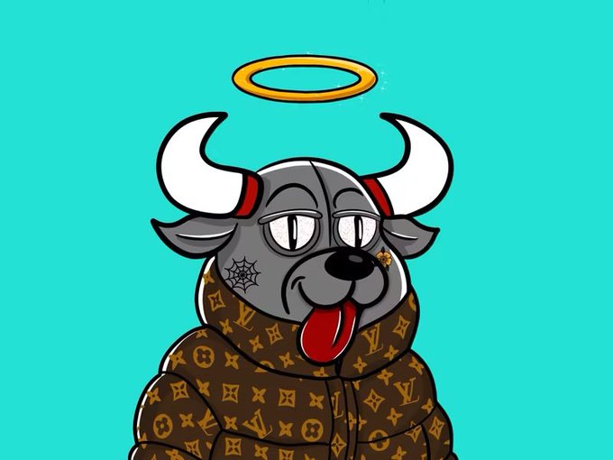 A cartoon illustration depicts a grey bulldog with white horns, a golden halo, and a red tongue sticking out, wearing a brown jacket with a monogram pattern on a teal background.