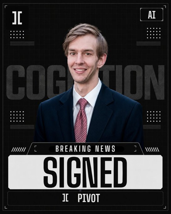 A 'Breaking News' style graphic featuring a man in a dark suit and red striped tie against a 'COGNITION' background, with a 'SIGNED' banner and the text 'PIVOT' at the bottom.