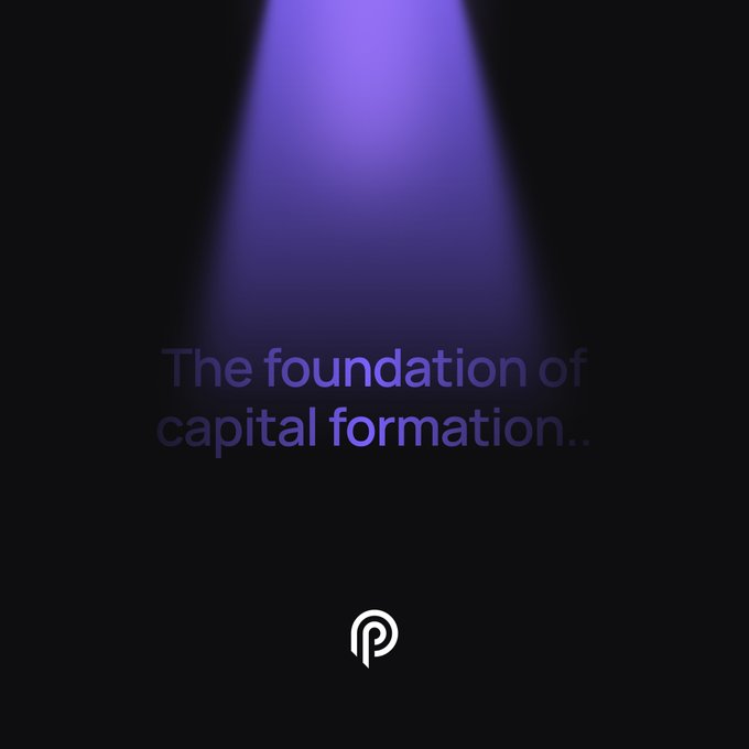 A dark background with a purple spotlight beam shines down from above, illuminating the text "The foundation of capital formation..." displayed in purple at the center, with a small white stylized "P" logo positioned at the bottom of the image.