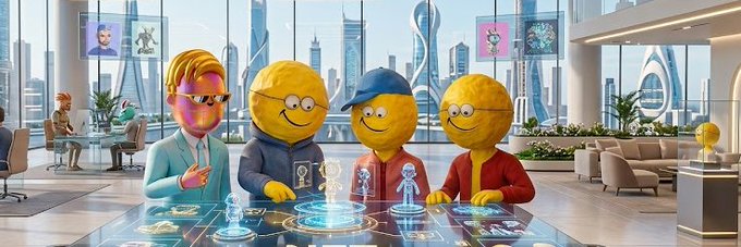 A 3D-rendered scene of cartoon characters, including one resembling a Bitcoin, playing on a holographic board in a modern room with a city view.