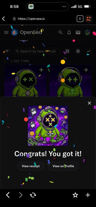 A mobile screenshot of OpenSea.io showing a successful NFT purchase confirmation with 'Congrats! You got it!' message and a pixel art green character NFT with X eyes, displayed over a background of similar NFT listings.
