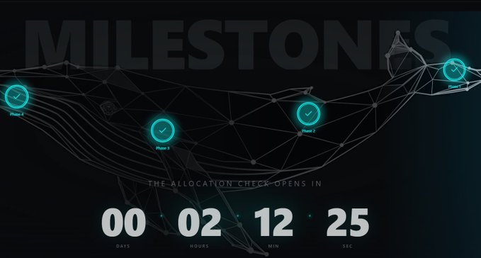 A 'MILESTONES' graphic showing a map with checkmarks for Phase 3 and Phase 2, with a countdown timer reading '00 02 12 25' for 'THE ALLOCATION CHECK-OPENS IN'.