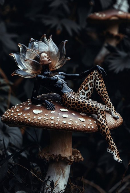A figurine of an elegant figure with a flower-like headdress, dressed in a black top and leopard-print tights, reclines on a large brown spotted mushroom in a dark forest setting. The artwork, titled "The Forest's Last Embrace," has been sold to collector @mobymaybe, as indicated by the accompanying post.
