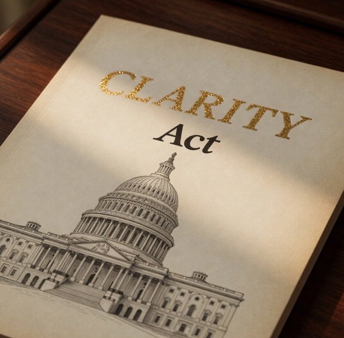 A document titled 'CLARITY Act' in gold lettering displayed on paper with an illustration of the U.S. Capitol building.