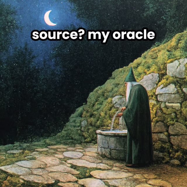 A bearded wizard in a green robe fills a jug from a stone well under a crescent moon, with the text "source? my oracle" overlaid on the night sky.

The meme humorously elevates the random social media "oracle" giving crypto advice to the status of a wise, all-knowing sage, lending mystical authority to the poster's tip about gambling for 1,000 SOL.